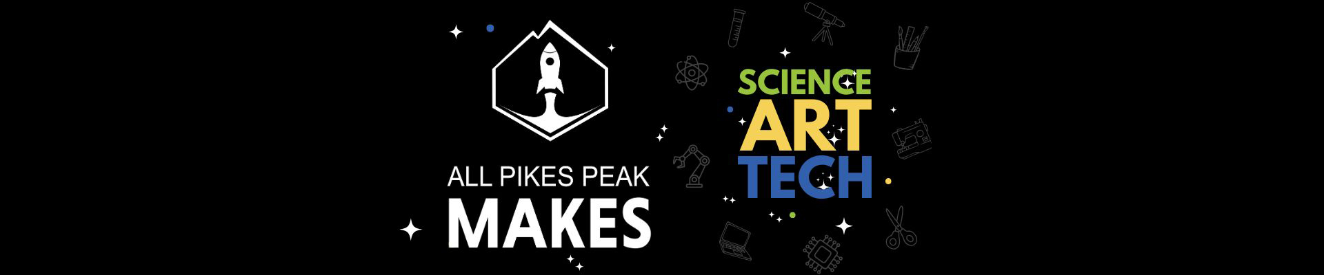A Logo with a rocket ship flying up with the headline "All Pikes Peak Makes, Science, Art, and Tech"