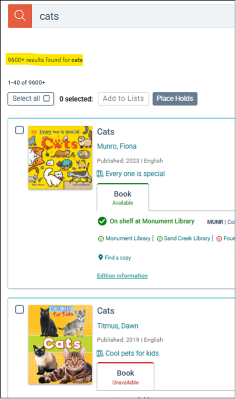 A screenshot of a search looking for "cats"