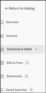 A screenshot of checkouts & Holds on the left side panel