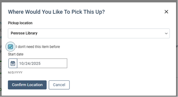 Choose a library location for pick up, screenshot catalog