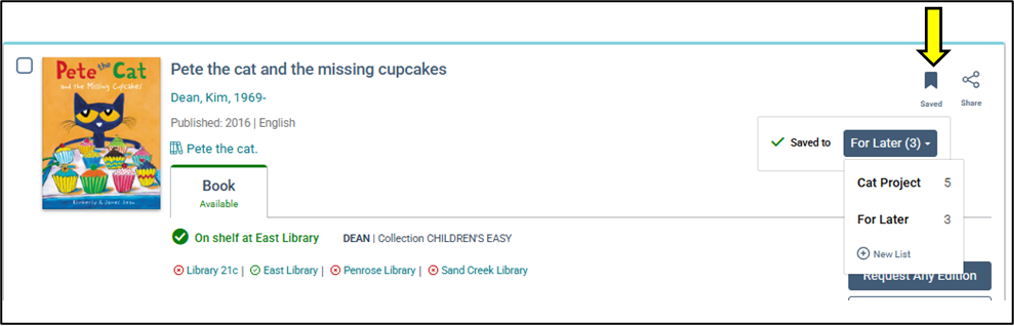 Book details with an arrow on the "saved" button in the catalog